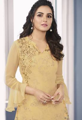 Fashionable yellow georgette floral printed double layered sarwoski work kurta with palazzo sets 2