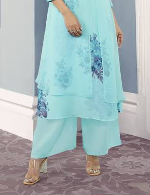 Xclusive Sky Blue Georgette Floral Printed Double Layered Sarwoski Work Kurta With Palazzo Sets 3