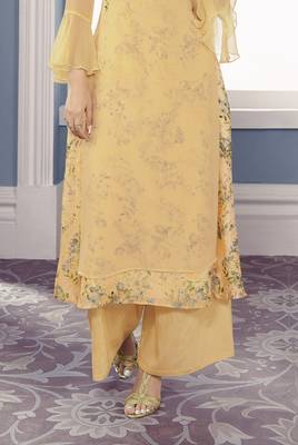 Fashionable yellow georgette floral printed double layered sarwoski work kurta with palazzo sets 3