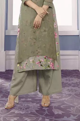 Trendy Grey Georgette Floral Printed Double Layered Sarwoski Work Kurta With Palazzo Sets