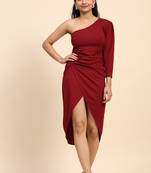 Trendmalls One Shoulder Long Sleeve Tulip High Slit Ruched Maroon Bodycon Dress