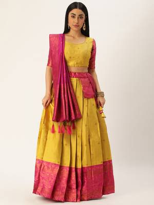 Premium Woven with Zari Work Semi-Stitched Half Saree with Unstitched Blouse with Dupatta 1