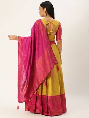 Premium Woven with Zari Work Semi-Stitched Half Saree with Unstitched Blouse with Dupatta 2