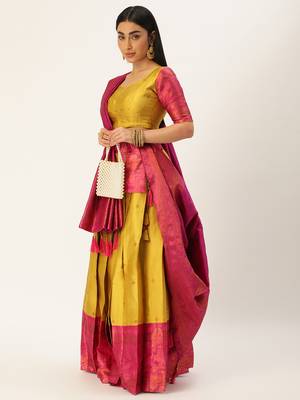 Premium Woven with Zari Work Semi-Stitched Half Saree with Unstitched Blouse with Dupatta 3