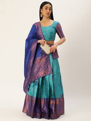 Premium Woven with Zari Work Semi-Stitched Half Saree with Unstitched Blouse with Dupatta 1