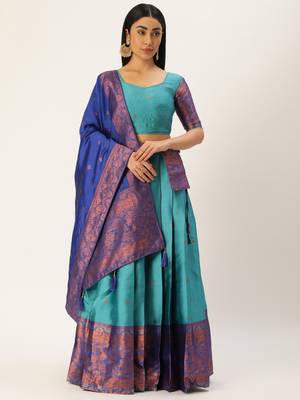 Premium Woven with Zari Work Semi-Stitched Half Saree with Unstitched Blouse with Dupatta 3