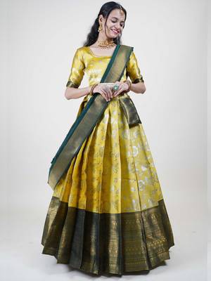 Premium Woven with Zari Work Semi-Stitched Half Saree with Unstitched Blouse with Dupatta 1