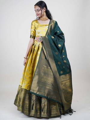 Premium Woven with Zari Work Semi-Stitched Half Saree with Unstitched Blouse with Dupatta 3