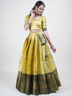 Premium Woven with Zari Work Semi-Stitched Half Saree with Unstitched Blouse with Dupatta 4