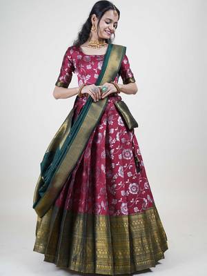 Premium Woven with Zari Work Semi-Stitched Half Saree with Unstitched Blouse with Dupatta 1