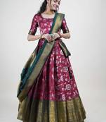 Premium Woven with Zari Work Semi-Stitched Half Saree with Unstitched Blouse with Dupatta