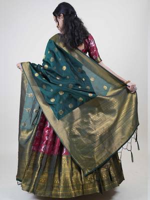 Premium Woven with Zari Work Semi-Stitched Half Saree with Unstitched Blouse with Dupatta 2