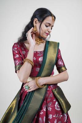Premium Woven with Zari Work Semi-Stitched Half Saree with Unstitched Blouse with Dupatta 3