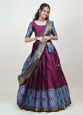 Premium Woven with Zari Work Semi-Stitched Half Saree with Unstitched Blouse with Dupatta 1