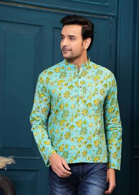 Hatheli's man pure cotton green floral printed straight kurta 1