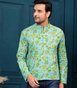 Hatheli's man pure cotton green floral printed straight kurta