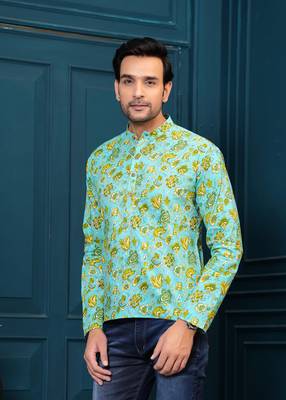 Hatheli's man pure cotton green floral printed straight kurta 2