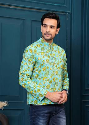 Hatheli's man pure cotton green floral printed straight kurta 3