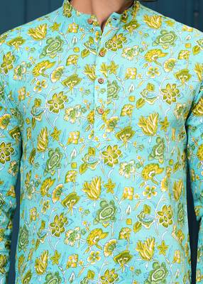 Hatheli's man pure cotton green floral printed straight kurta 5