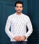 Hatheli's man pure cotton white & blue printed and self design straight kurta