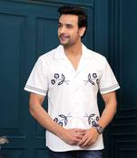 Hatheli's man white embroiderd spread collor pure cotton casual shirt