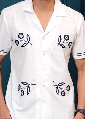 Hatheli's man white embroiderd spread collor pure cotton casual shirt 5