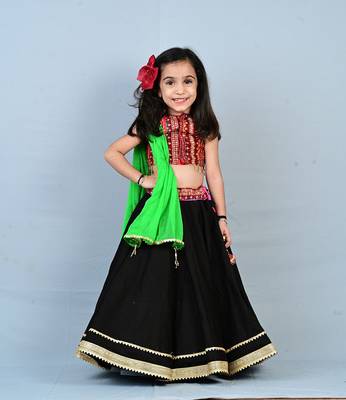Art Silk Girls Black Lehenga Choli with Mirror Work Blouse & Neon Green Dupatta 1