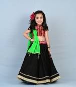 Art Silk Girls Black Lehenga Choli with Mirror Work Blouse & Neon Green Dupatta