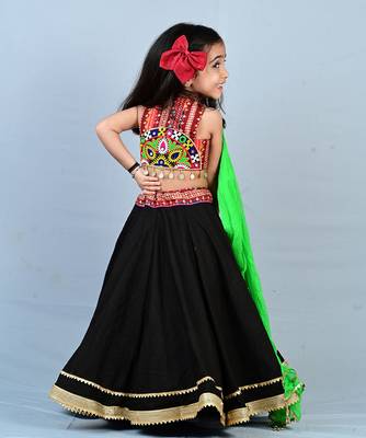Art Silk Girls Black Lehenga Choli with Mirror Work Blouse & Neon Green Dupatta 2