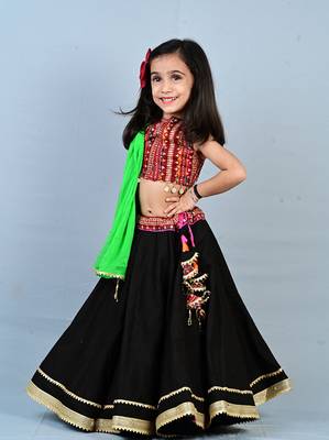 Art Silk Girls Black Lehenga Choli with Mirror Work Blouse & Neon Green Dupatta 3