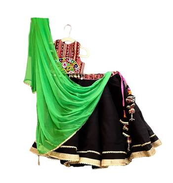 Art Silk Girls Black Lehenga Choli with Mirror Work Blouse & Neon Green Dupatta 4