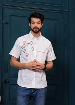 Hatheli's man white self design cotton half sleeves casual shirt 1