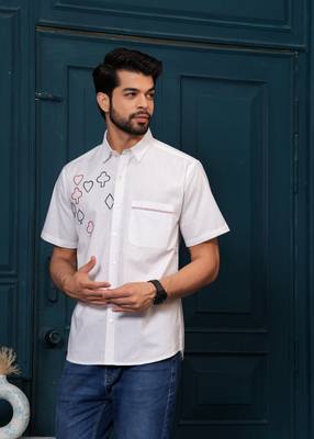 Hatheli's man white self design cotton half sleeves casual shirt 2