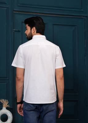 Hatheli's man white self design cotton half sleeves casual shirt 4
