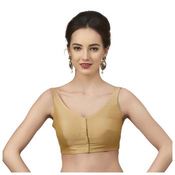 Gold Silk Sleeveless Saree Blouse with V Neckline 1