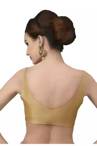 Gold Silk Sleeveless Saree Blouse with V Neckline