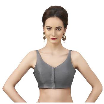 Grey Silk Sleeveless Saree Blouse with V Neckline 1