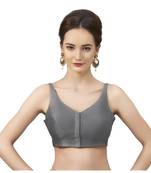 Grey Silk Sleeveless Saree Blouse with V Neckline