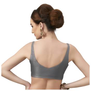Grey Silk Sleeveless Saree Blouse with V Neckline 2