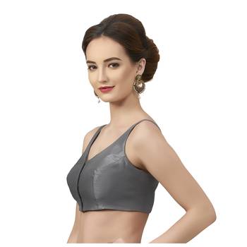 Grey Silk Sleeveless Saree Blouse with V Neckline 3