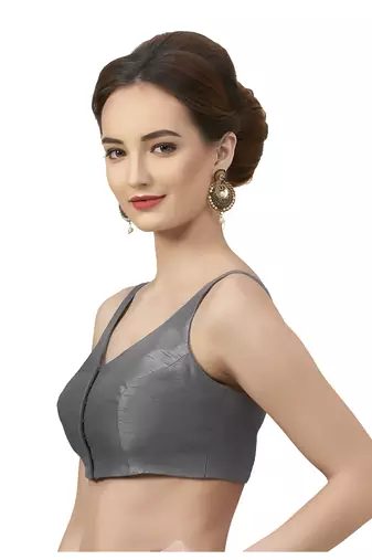 Grey Silk Sleeveless Saree Blouse with V Neckline