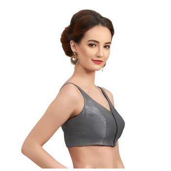 Grey Silk Sleeveless Saree Blouse with V Neckline 4