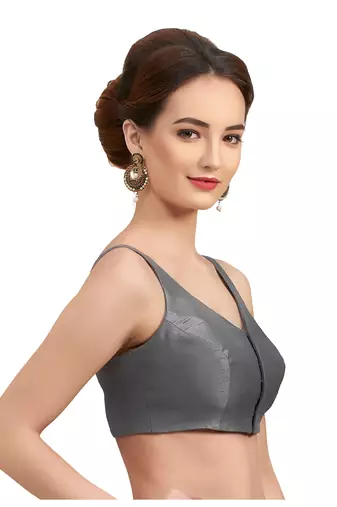 Grey Silk Sleeveless Saree Blouse with V Neckline