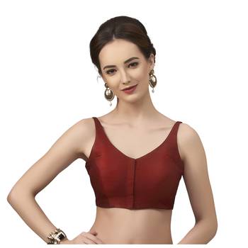 Maroon Silk Sleeveless Saree Blouse with V Neckline 1