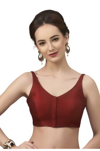 Maroon Silk Sleeveless Saree Blouse with V Neckline