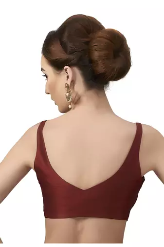 Maroon Silk Sleeveless Saree Blouse with V Neckline
