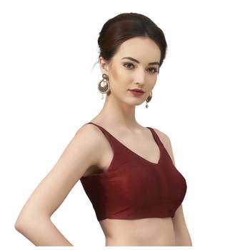 Maroon Silk Sleeveless Saree Blouse with V Neckline 3