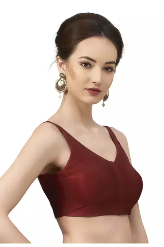 Maroon Silk Sleeveless Saree Blouse with V Neckline