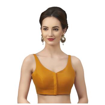 Mustard Silk Sleeveless Saree Blouse with V Neckline 1