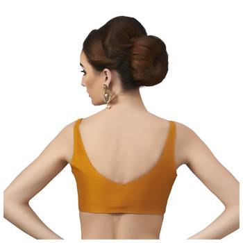 Mustard Silk Sleeveless Saree Blouse with V Neckline 2